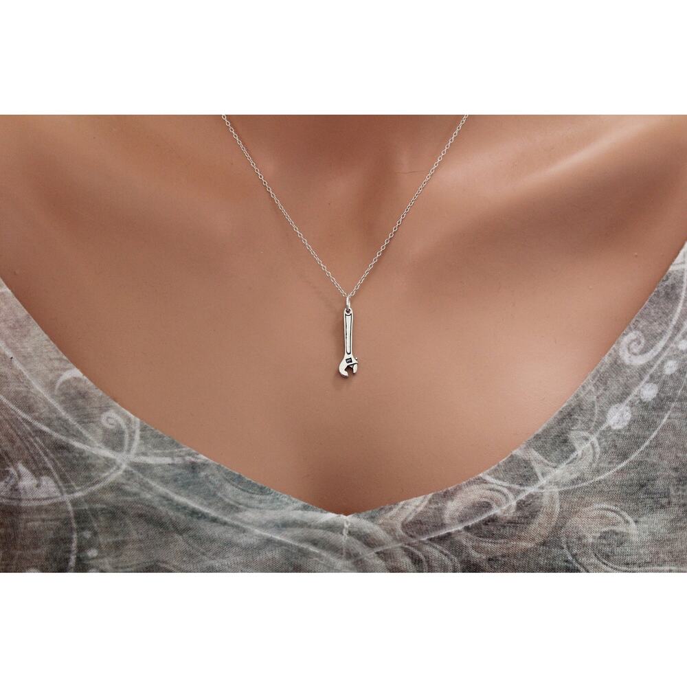Sterling Silver Oxidized Wrench Charm Necklace, Silver Charm Wrench Necklace - Picture 2 of 5